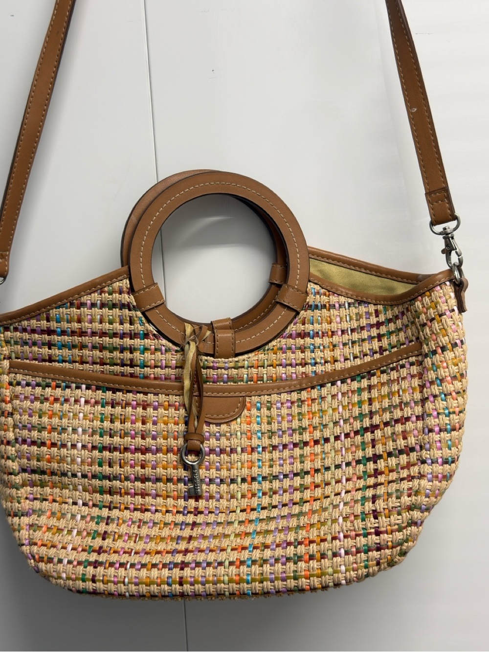 Fossil Multicolor Y2K Woven Crossbody with Tan Trim